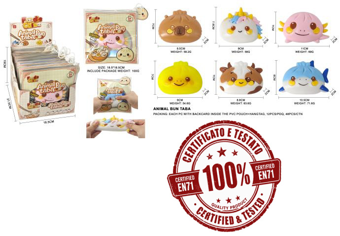 ANIMAL BUN TABA SQUISHY (Animaletti Ravioli) 10cm (In busta – PVC Pouch 15×15 cm) c/backcard In espo da 12pz 6ass…x12…x48